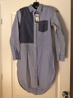 Lauren Ralph Lauren Blue and White Striped Patchwork Button-Down Tunic.